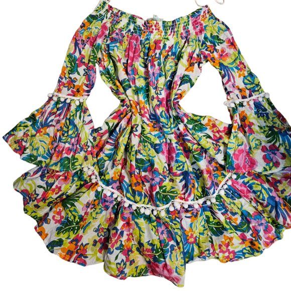 True Destinations Dresses & Skirts - True Destinations Resort Wear Cover Up Dress Off The Shoulder Floral Pom Pom